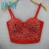 Lunivop High Street Style Sexy Strap V Neck Lace Beading Black White Red Women Crop Top Celebrity